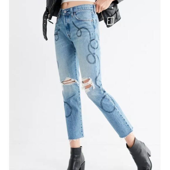 Levi's 501 High Rise Distressed Crafty Button Fly Raw Hem Straight Leg Jeans 24 - Picture 1 of 16